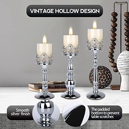Candle Holders for Pillar Candles Set of 3 Silver Vintage Tall Candle Holders Decorative Large Table Centerpieces Candle Stand Decor - Image 2