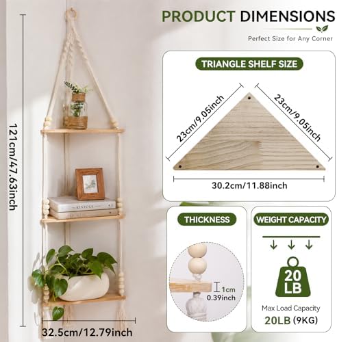 Artilady Macrame Corner Shelf Wall Hanging 3-Tier Adjust Boho Storage Decor - Image 2