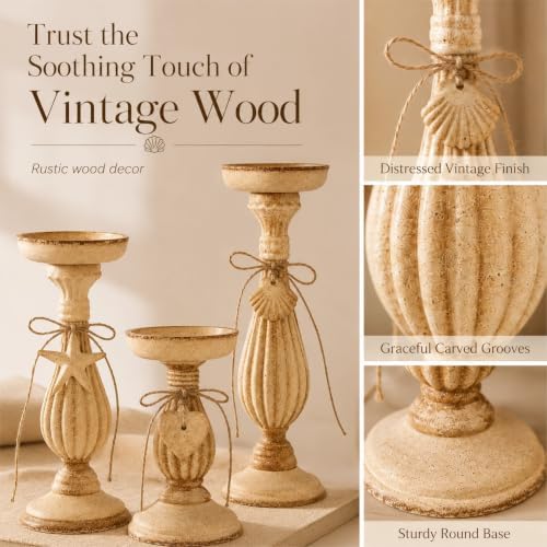 Shabby Chic & Vintage Farmhouse Wood Candle Holders - 3Pcs - Image 5