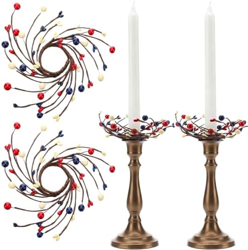 Daifunli 2 Pcs Patriotic Candle Rings for Taper 1.25 Inch 4th of July Red White and Blue Berry Candles Wreaths Vintage Pip Berries Ring for 250th Independence Day Rustic Table USA Centerpiece Decor by Huiinen