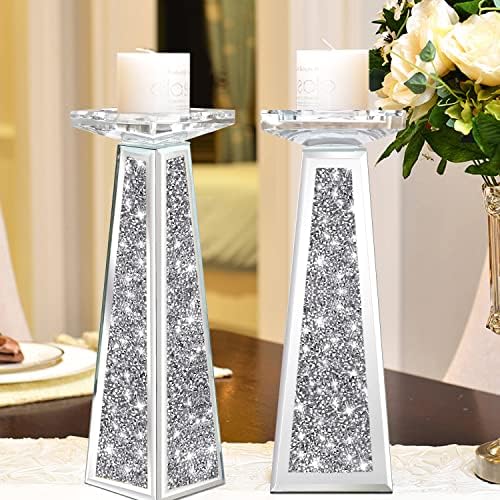 Wocred 2 Piece Candlestick Holders for Holding Pillar Candles, Crystal Crushed Diamond Candle Holders Set Decor for Dinning Room, Silver Glass Votive Candle Holders for Table Centerpiece(12”) by Wocred