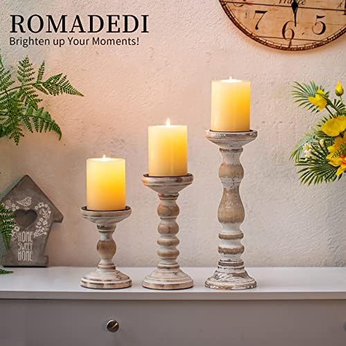 Romadedi Rustic Whitewashed Solid Wood Pillar Candle Holders, Set of 3 - Image 3