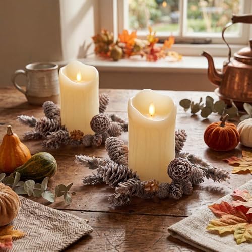 Daifunli 2 Pcs Christmas Fall Candle Rings Pine Cone Wreath Vintage Wreaths for Pillar 3.5 Inch Frosty Candles Holder for Winter Christmas Fall Home Rustic Table Centerpiece Decor by Huiinen