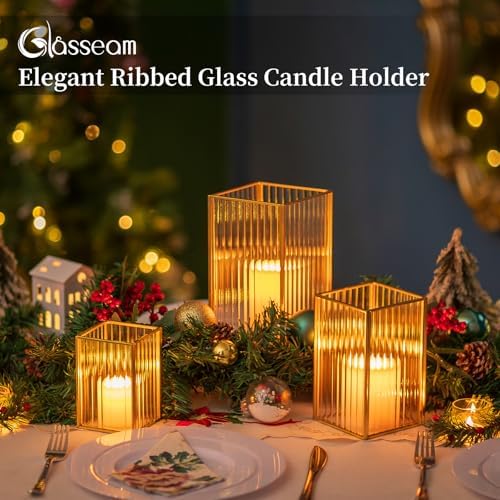 Glasseam Gold Hurricane Glass Candle Holders, Square Ribbed Pillar Set of 3 - Image 4