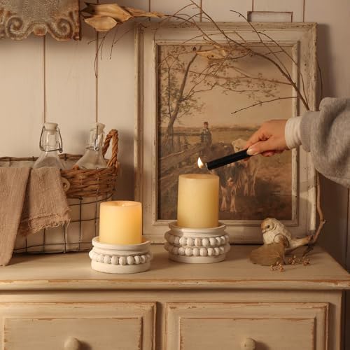NIKKY HOME Farmhouse Beaded Wooden Pillar Candle Holders Set of 2, White - Image 2