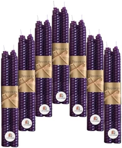 Lacaser Natural Beeswax Purple Taper Candles Bulk Set of 14 pcs, Unscented & Smokeless & Dripless Long Candlesticks 9 Inches Each, Gift Box Packed by PureWaxPureNature