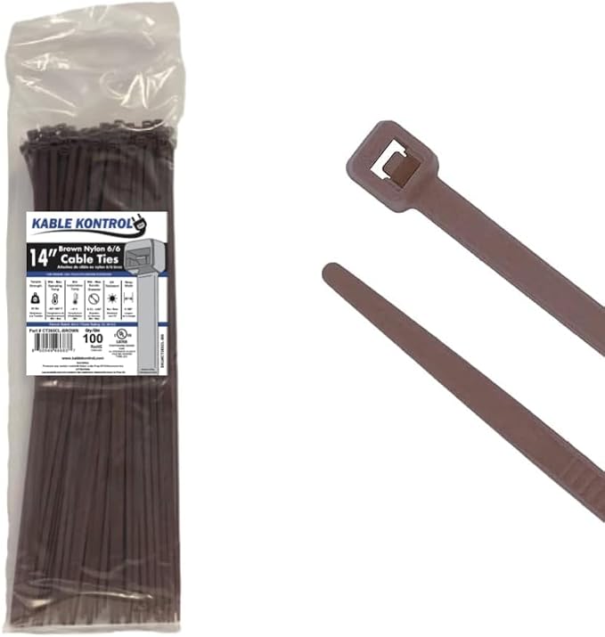 Kable Kontrol Brown Zip Ties 14 Inch 100 Pcs, 50 Lbs Tensile Strength, Self-locking Nylon Colored Cable Ties Wire Wraps for Indoor or Outdoor Use