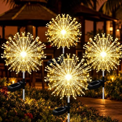 Solar Firework Lights, 4 Pack 120 LEDs 2 Lighting Modes Solar Garden Lights Outdoor Waterproof for Yard Patio Walkway Pathway Party Wedding Christmas Decorative - Warm White by JJGoo