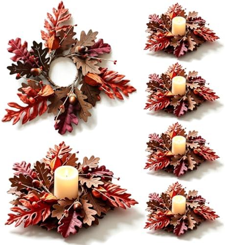 6 Pcs Mini Fall Candle Ring Wreaths Autumn Berries Mixed Rustic Foliage Leaves Artificial Pillar Candle Holder Wreath for Farmhouse Thanksgiving Harvest Porch Front Door Cabinets Table Decoration by Unknown