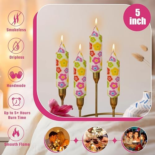 5 inch Short Candle Floral Candle Sticks Printed Candlestick Handmade Unscented Taper Candle 4 Pack Colorful Flower Tapered Candles for Home Dinner Wedding Holiday - Image 3