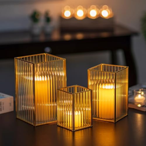 Glasseam Gold Hurricane Glass Candle Holders, Square Ribbed Pillar Set of 3 by Glasseam