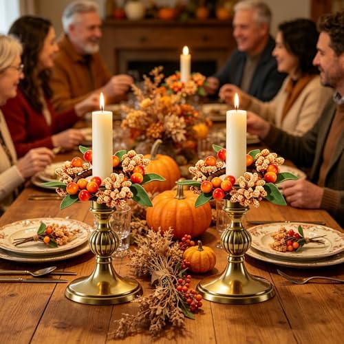 4 PCS Fall Taper Candle Rings Wreaths 1.38" Mini Thanksgiving Taper Candle Holder Wreaths with Berries Leaves Autumn Harvest Table Centerpieces Wreath for Wedding Farmhouse Home Candlesticks Decor - Image 6
