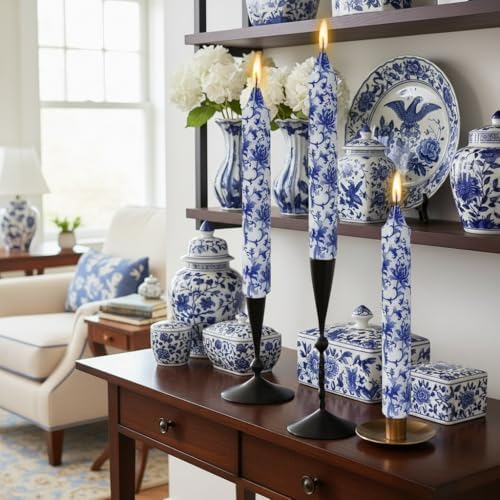Long Blue and White Taper Candles 9 Inch Handmade Porcelain Style Wide Taper Candles Smokeless Unscented Clean Burning for Housewarming Gift New Home Entryway Cozy Hygge Bohemian Style Tall Decor - Image 5
