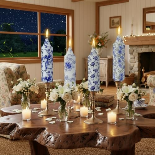 5 Inch Blue and White Short Taper Candles Hand Poured Smokeless Unscented Porcelain Style Chinoiserie Floral Candles for Wedding Nautical Dinner Home Decor Housewarming Gift Mother's Day Meditation by XINAOBAOLUO