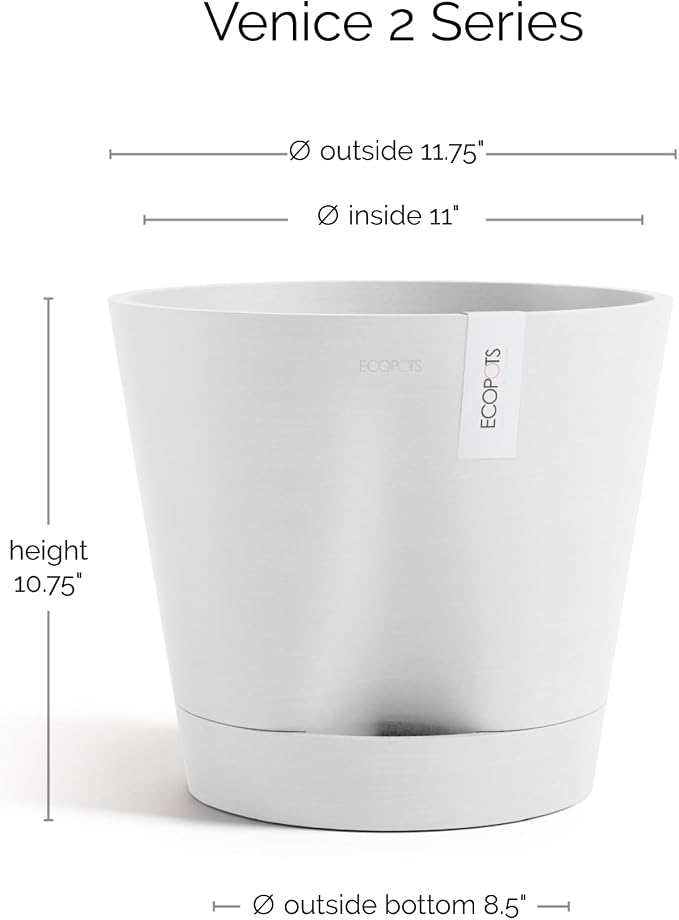 Ecopots Venice 2 Durable Modern Round Indoor/Outdoor Recycled-Based Composite Flower Pot Planter w/Water Reservoir, Pure White, 12"