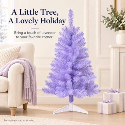 3FT Artificial Christmas Tree with Tinsel and String Lights – Tabletop Small Xmas Tree for Desk, Office, or Small Spaces – Full Branches, Easy Assembly, Holiday Decoration (Lavender Tinsel) - Image 2