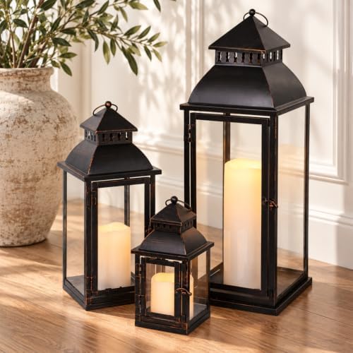 NEEDOMO Lanterns Decorative Outdoor&Indoor, Set of 3 Large Bronze Metal Lantern Decor with Glass, Candle Holder for Porch, Patio, Garden, Balcony, Wedding, Table Centerpiece Decorations by NEEDOMO-LightUpYourSpace