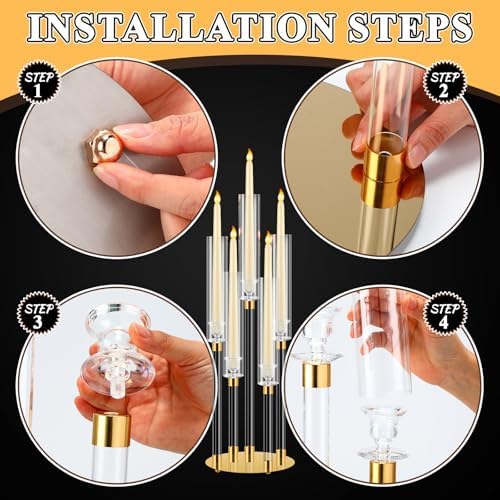 Barydat 4 Pcs Acrylic Candelabra Centerpieces Candle Holder Crystal 5 Arm Candlesticks Holder with Acrylic Shade Pillar Taper Candlestick for Wedding Dinner Party Fit 0.87" LED Candle(Gold,2 Pcs) - Image 5