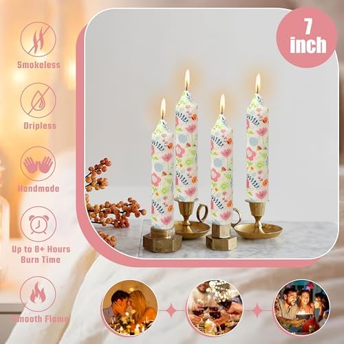 7 inch Short Candle Floral Candle Sticks Printed Candlestick Handmade Unscented Taper Candle 4 Pack Cute Flower Tapered Candles for Home Dinner Wedding Holiday - Image 3