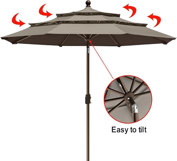 EliteShade USA 10-Year-Non-Fading 9ft 3-Tier Market Patio Umbrella, Commercial Grade Outdoor Table Umbrella with Crank Open, Windproof & UPF 50+ UV Protection, Heavy Duty Ventilation for Garden, Deck, Pool, Backyard, Beach & Bistro, Taupe