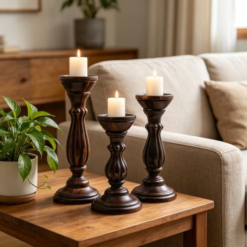 Hosley Set of 3 Dark Brown Wood Pillar Candle Holders 13 Inches 11 Inches and 9 Inches High Ideal for LED and Pillar Candles Gifts for Weddings Party Home Spa Reiki Aromatherapy - Image 6