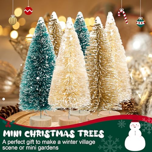 24 Pcs 4 Inch Mini Christmas Tree Bottle Brush Trees Artificial Frosted Sisal Christmas Tree with Wood Base for Christmas Decoration and Display Home Tabletop (Gold, Cyan, Beige) - Image 3