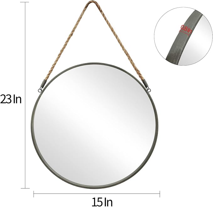 POZINO 15" Small Round Hanging Mirror with Grey Metal Frame