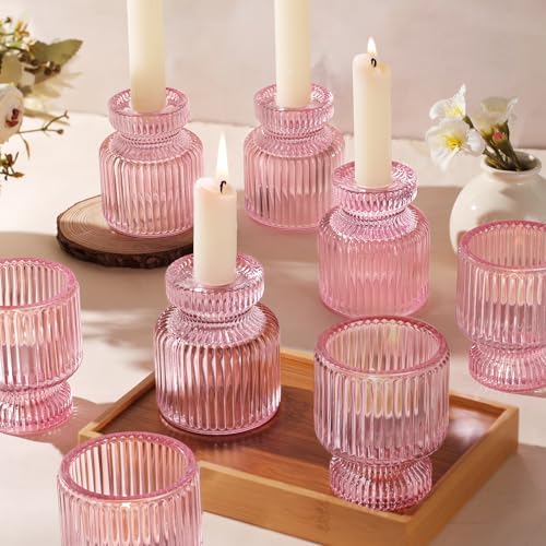 DARJEN 12 Pcs Glass Candlestick Holders- Pink Taper Candlestick Holders Tealight Votive Candle Holders for Table Centerpieces, Wedding, Dinner Party, Home Decor by DARJEN