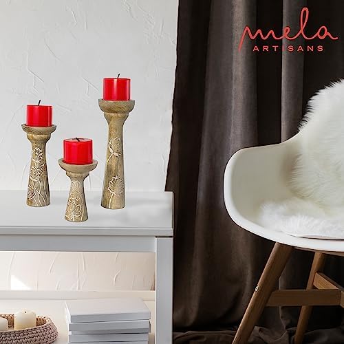 Mela Artisans Lotus Vine Mango Wood Candle Holders - Whitewash, Set of 3 - Image 4