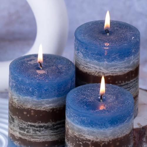 KONNI Layered Pillar Candles Set of 3, 3"x 4" Table Decor Blue Coffee - Image 6