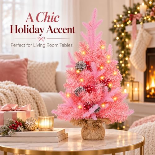 MEETYAMOR 2 FT Mini Christmas Tree, 24" Prelit Pink Small Artificial Tabletop Christmas Trees Decor with Timer, Outdoor Indoor Porch Table Centerpieces Xmas Christmas Decorations - Image 4