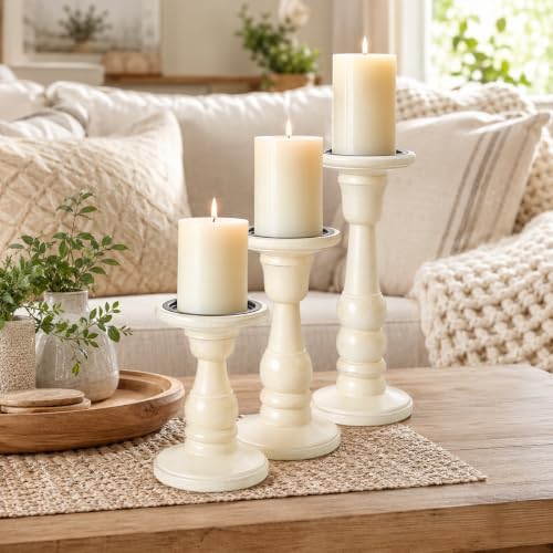 Wooden Pillar Candle Holders, White Antique, 10/8/6", Set of 3 - Image 4