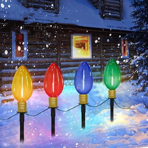 C9 Christmas Multicolor Pathway Lights, 7Ft Outdoor Christmas Pathway Markers Stakes Lights with 4 Jumbo C9 Multicolor LED Bulbs, Connectable Xmas Walkway Light for Driveway Yard Lawn Garden by Doratale