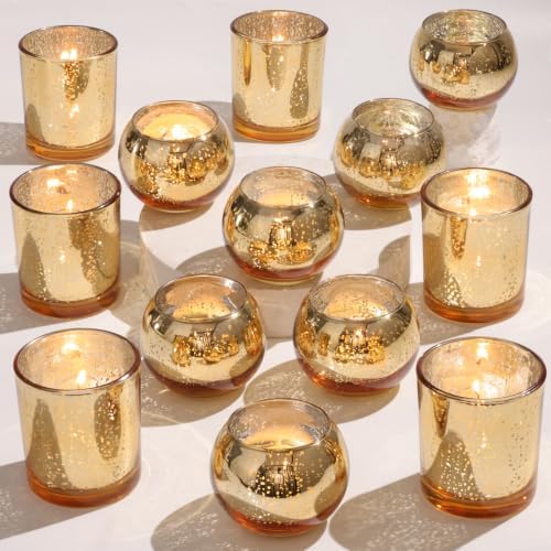 6 Pcs Assorted Gold Votive Candle Holders, Mercury Glass Tea Lights Holder by DEVI
