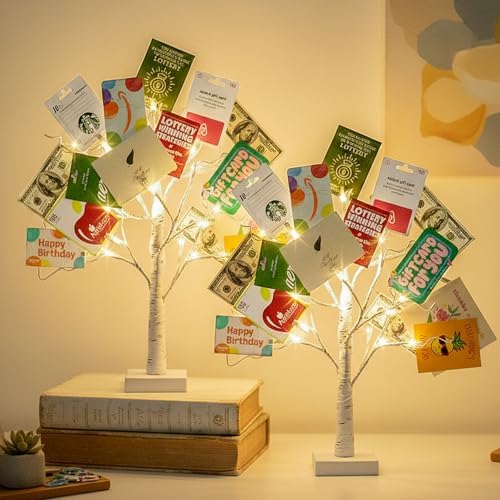 EAMBRITE Money Tree Gift Holder, Gift Card Tree 2FT 24LED, Lighted Birch Trees Battery/USB Powered Timer Photo Display with 24 Clips and 12 Cards for Home Graduation Christmas Picture Memo 2 Pack - Image 6