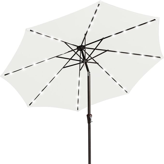 JEAREY 9FT Outdoor Patio Umbrella with Solar Lights, LED Lighted Pool Umbrella with Tilt and Crank, Outdoor Table Umbrellas for Deck, Yard & Market (Off White)