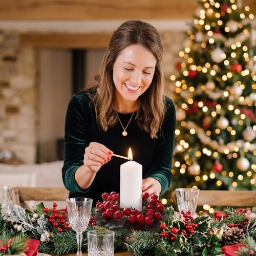 Daifunli 2 Pcs Christmas Red Berry with Leaf Candle Ring Artificial Berry Bell Wreaths for Pillar 3.25 Inch Candles Holder for Winter Christmas Country Wedding Kitchen Table Centerpiece Decor - Image 2