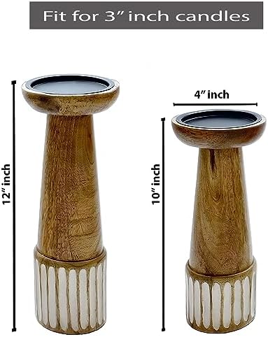 Perilla Home Wooden Pillar Candle Holders Set of 2 - Home Decor Candle Holder Centerpiece - for, Taper Candles, Dining Table Candle Holder Halloween, Home Decor, Candlesticks - Rustic Brown - Image 4