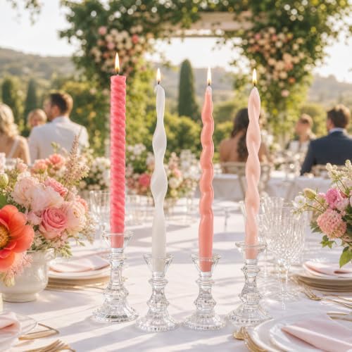 4 Pack Twisted Taper Candles Unscented Dripless Spiral Candlesticks Smokeless Swirl Wax Colorful Decorative Candle Sticks for Wedding Dinner Party Home Decor (Pastel Pink White, 9.7 inch) - Image 5