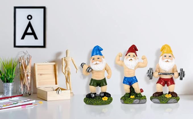 Funny Workout Garden Gnomes Statues 3pcs 6.2 Inches Outdoor Muscular, Barbell and Dumbbell Gnomes Decorations Set Gnome Gifts for Yard Lawn Patio, Indoor Gnome Figurine for Home Tabletop