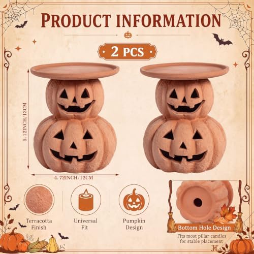 RattanView 2 Pcs Terracotta Halloween Pumpkin Decor Pumpkin Candle Holders - Image 2