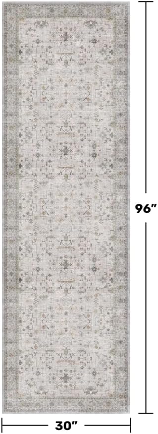 Washable Light Gray & Sage 2'6"x8' Wide Runner Rugs for Kitchen, Boho Bathroom Rug, Non-Slip & Stain Resistant Long Floor Hallway Rug, Vintage Neutral Floral Décor