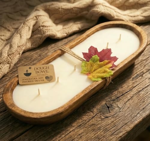 Dough Bowl Candle Co. Apple Maple Bourbon Soy Candle - 6 Wick Rustic Farmhouse Decor Odor Eliminator in Wooden Bowls, 32 Ounce Wooden Dough Bowl Candle, All-Natural Gifts for Women and Men by Dough+Bowl+Candle+Company