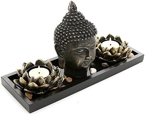 MyGift Resin Buddha Head Zen Garden Set with Lotus Tealight Holders & Tray by MyGiftHome