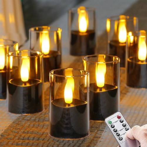 Flameless D: 1.7" H: 2.5" Small Tea Light LED Candles, Clear Acrylic Battery Operated Votive with Remote Control and Timer, Tealight Black Flickering Warm Light Pack of 8 Electric Halloween by Zevanor