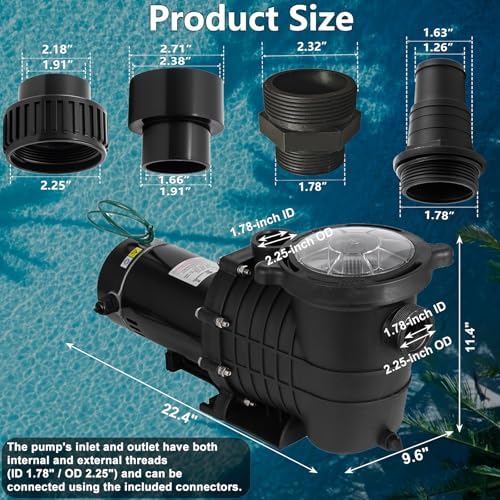 Pool Pump 1.5 HP, Dual Voltage 110/220 V Swimming Pool Pump 6500 GPH in/Above Ground Pool Pumps 1100 W Powerful Self Priming Pump for Residential/Commercial Pools, Spas and Hot Tubs