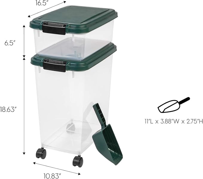 IRIS USA Remington Dog Food Storage Container, 30 lbs, 11 lbs, Airtight, Stackable, Wheels, Food Storage, Treat Box, 2-Cup Scoop