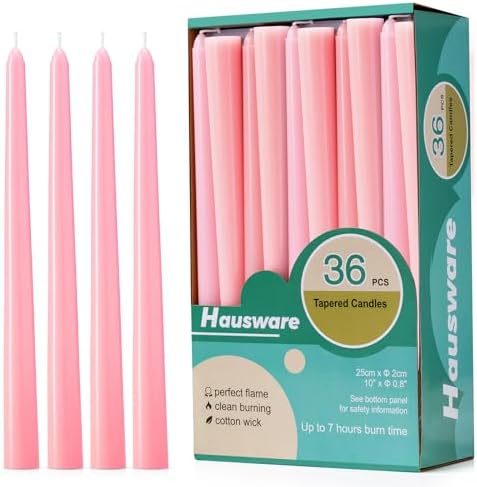 Hausware 36 Pack Taper Candles, 8 Hour Burn Time,Unscented Dripless and Smokeless, 10 inch Elegant Premium Quality Dinner Candle for Home Décor, Restaurant, Wedding, Party Candlesticks (Pink) by Hausware+Candles