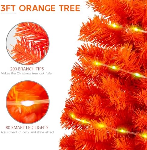 Orange 3ft Christmas Tree with Lights, Halloween 36inch Artificial Small Tree Mini Table Top Decorations, Xmas Desk Tree with 80 Color Lights, 200 Branch, Holiday Decor for Home,Indoor Office Tabletop - Image 5