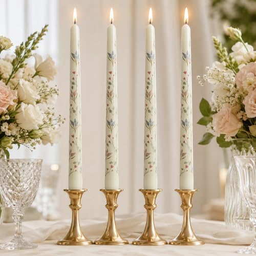 White Floral Taper Candles 10 Inch Set of 4 for Wedding Fall Table Decor by Gedengni